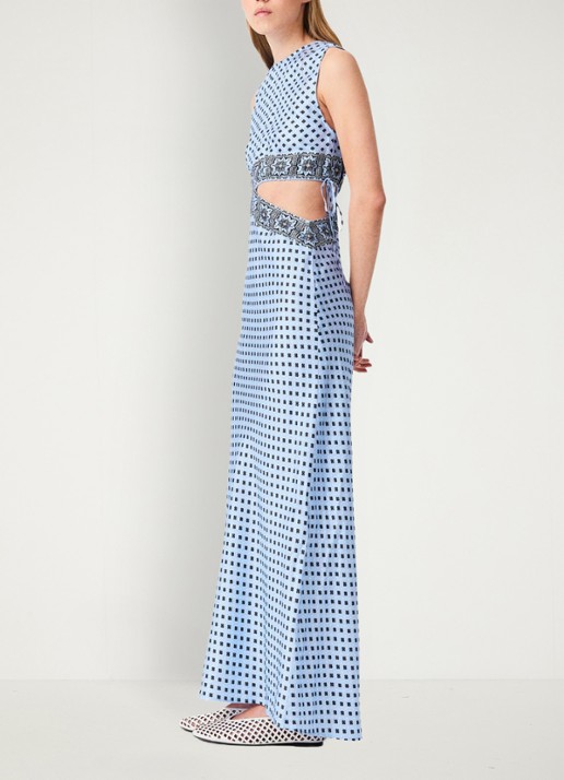 Maje Maxi jurk van zijde met cut-out detail en print - detail 4 lichtblauw