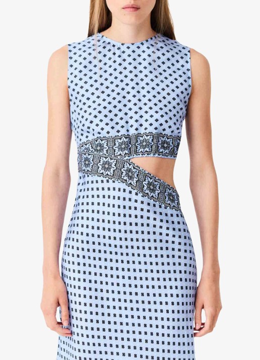 Maje Maxi jurk van zijde met cut-out detail en print - detail 5 lichtblauw
