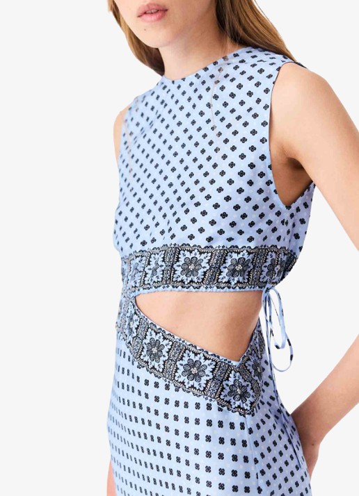 Maje Maxi jurk van zijde met cut-out detail en print - detail 6 lichtblauw