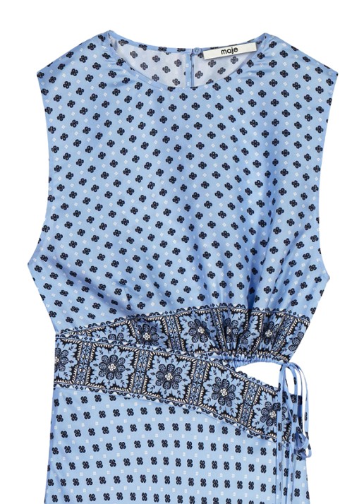 Maje Maxi jurk van zijde met cut-out detail en print - detail 7 lichtblauw