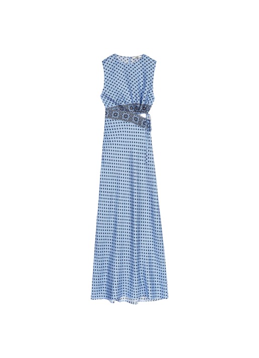 Maje Maxi jurk van zijde met cut-out detail en print - voorkant lichtblauw