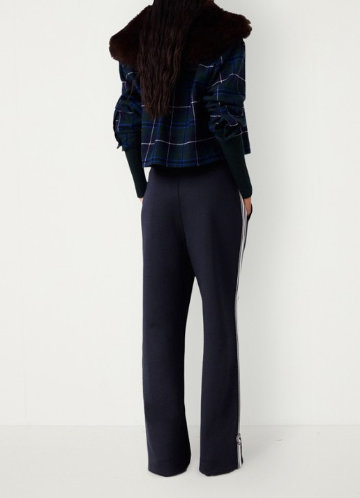 Maje Mid waist wide leg broek met streep detail en steekzakken - achterkant 7 donkerblauw