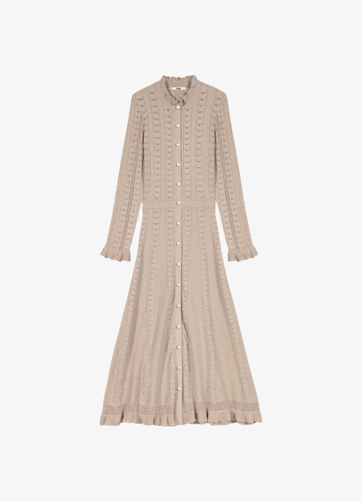 Maje Midi blousejurk in wolblend met ruches - voorkant 6 beige