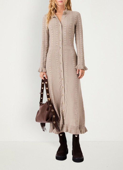 Maje Midi blousejurk in wolblend met ruches - voorkant 7 beige