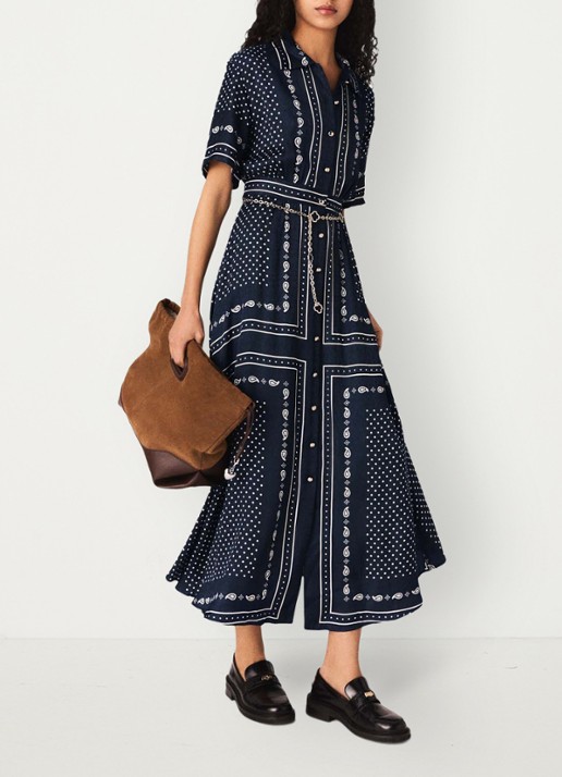 Maje Midi blousejurk met stippenprint - voorkant 2 donkerblauw