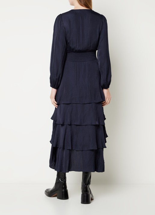Maje Midi jurk met smockwerk en volant - achterkant 3 donkerblauw