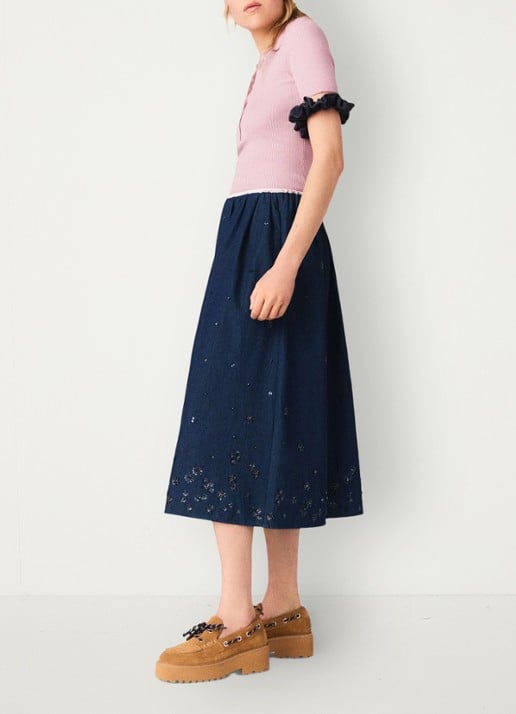 Maje Midi plooirok met kralendecoratie - voorkant 2 donkerblauw