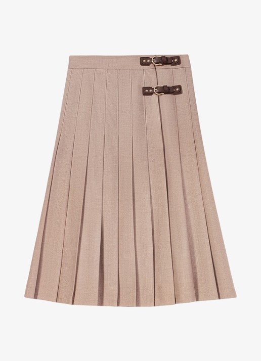 Maje Midi rok in wolblend met plissé  - voorkant 6 beige