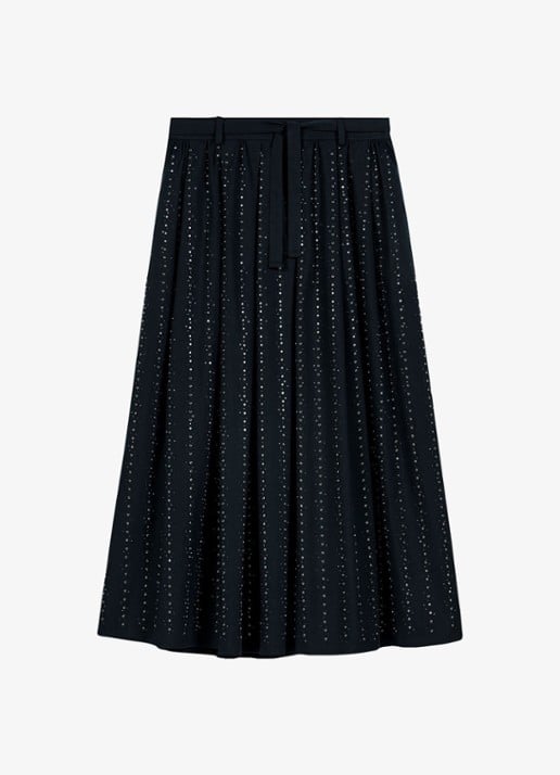 Maje midi-rok met strassdetails en afneembare strikceintuur - voorkant 7 donkerblauw