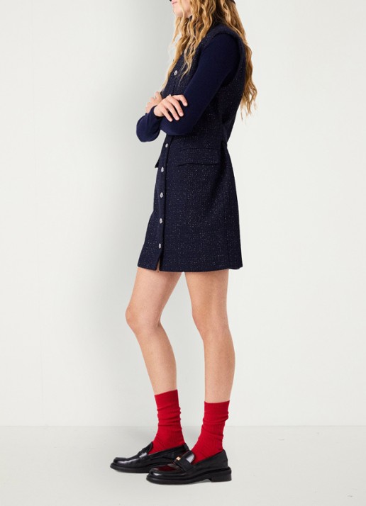 Maje Mini blousejurk met lurex en klepzakken - detail donkerblauw