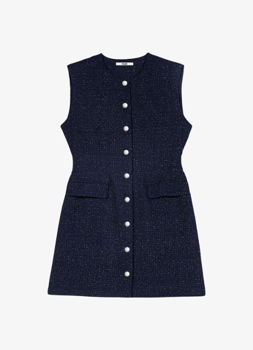 Maje Mini blousejurk met lurex en klepzakken - voorkant 7 donkerblauw