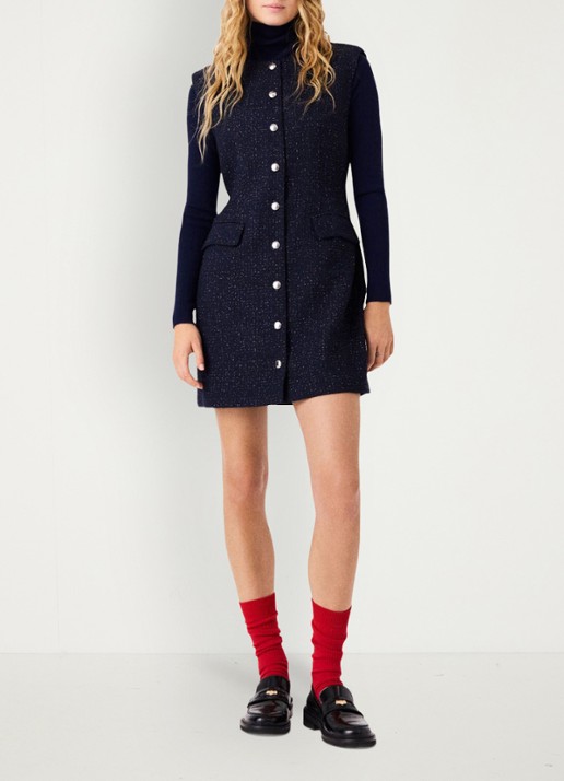 Maje Mini blousejurk met lurex en klepzakken - voorkant 8 donkerblauw