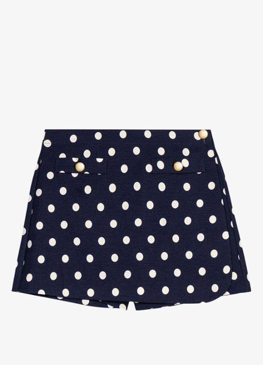 Maje Mini broekrok in linnenblend met stippenprint - voorkant donkerblauw