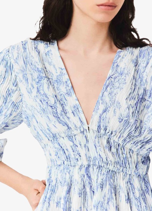 Maje Mini jurk met smockwerk en V-hals - detail 5 blauw
