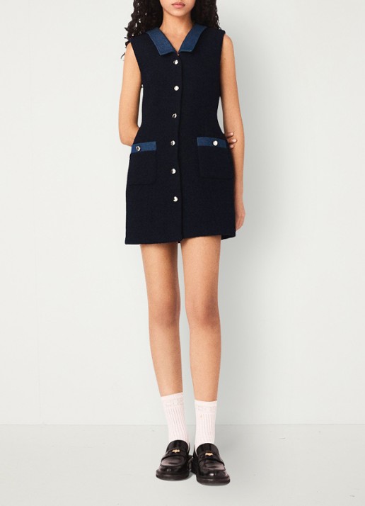 Maje Mini jurk van blouclé met opgestikte zakken - voorkant 2 donkerblauw
