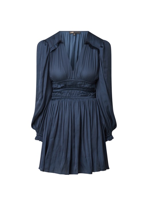 Maje Mini jurk van satijn met ruches en smockwerk - voorkant 2 donkerblauw