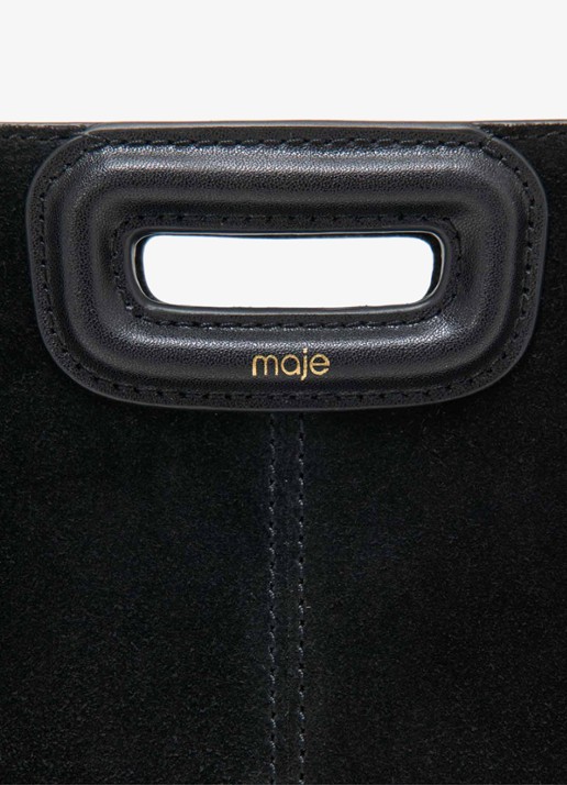 Maje Mini M tas van suéde met franjes - detail zwart