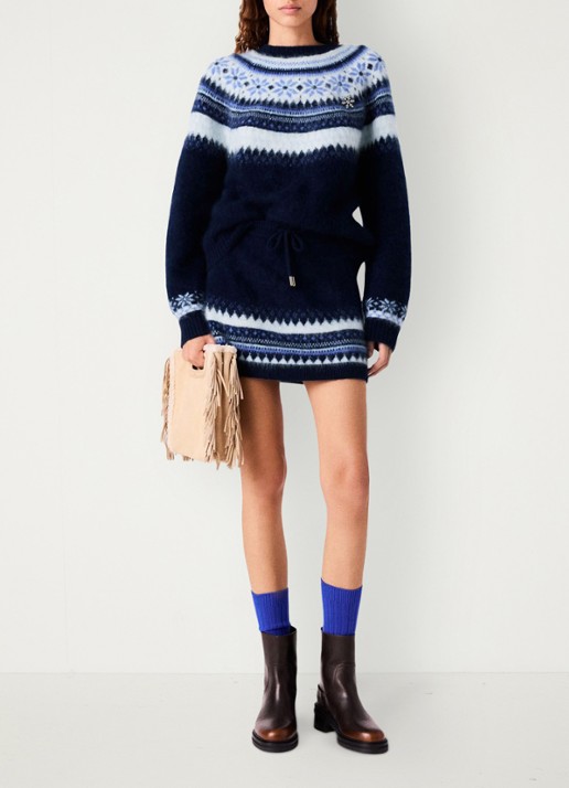 Maje Minirok met ingebreide print en trekkoord - voorkant 2 donkerblauw
