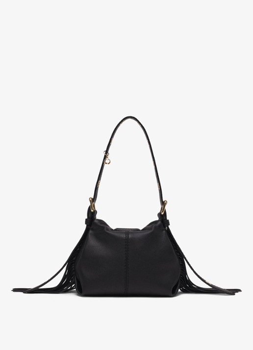 Maje Miss M Micro schoudertas van leer met verstelbare schouderriem - detail jeans