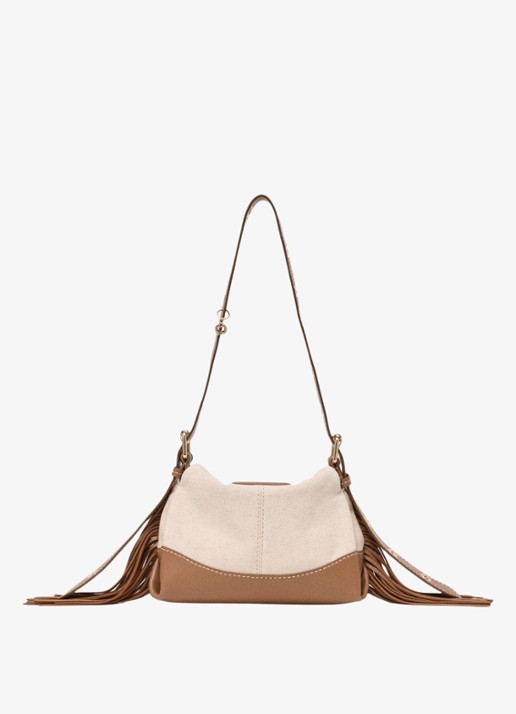 Maje Miss M Mini tas van canvas en leer - achterkant 7 moca / wit