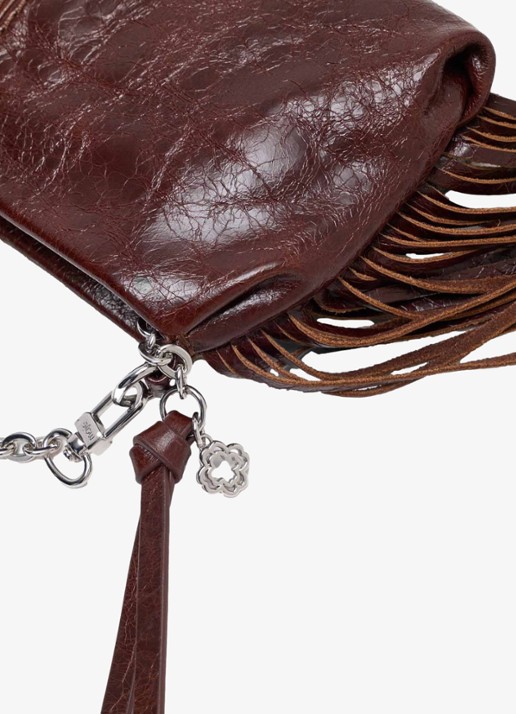 Maje Miss M schoudertas van leer met franjes - detail 4 donkerbruin