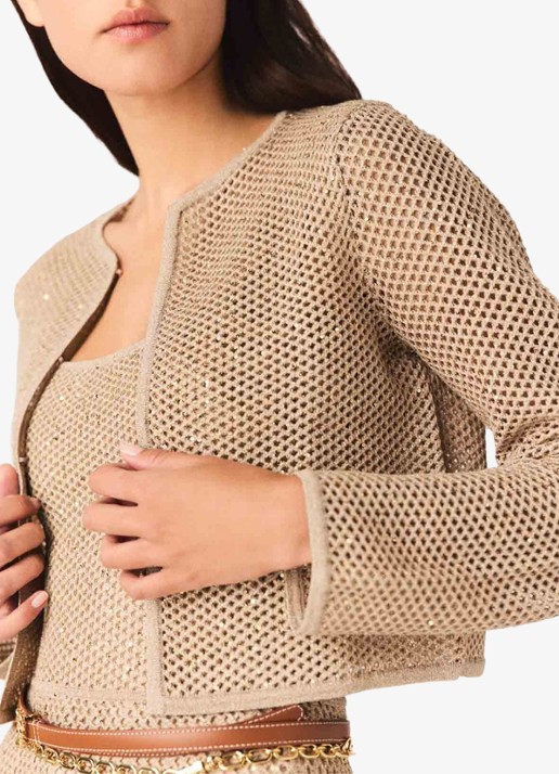 Maje Opengebreid vest met pailletten - detail 4 beige