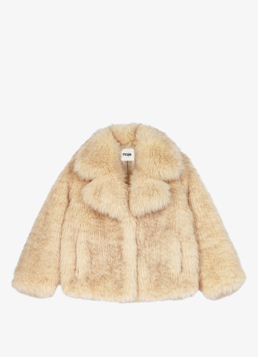 Maje Oversized jas van imitatiebont - voorkant beige