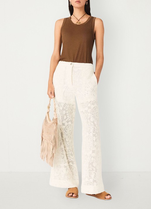 Maje Paros high waist wide fit pantalon met borduring - voorkant 8 beige