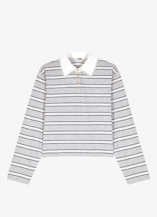 Maje Polo met streepprint - voorkant 7 lichtgrijs