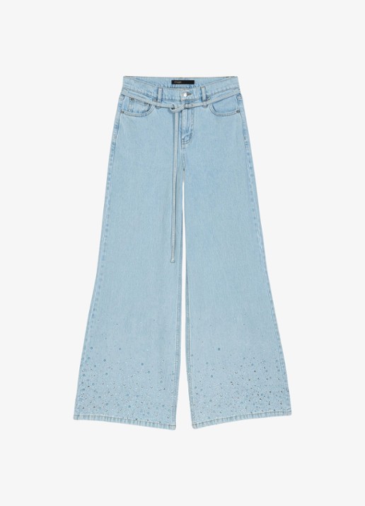 Maje Pyrosa wide leg jeans met strass  - voorkant 7 indigo