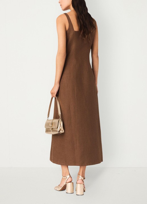 Maje Racao midi jurk van linnen met cut-out detail  - achterkant bruin