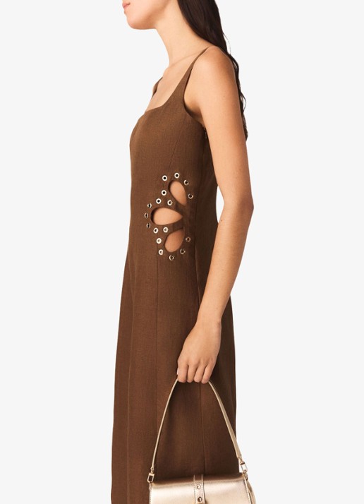 Maje Racao midi jurk van linnen met cut-out detail  - detail 7 bruin