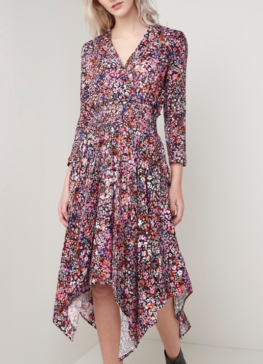 Maje Rayemi asymmetrische midi jurk met bloemenprint - detail roze