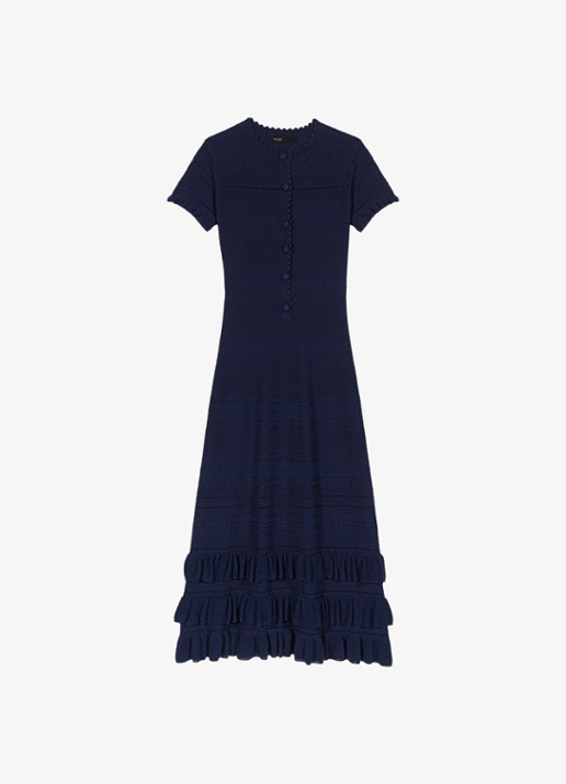 Maje Ribgebreide midi tuniekjurk met ruches - voorkant 6 donkerblauw