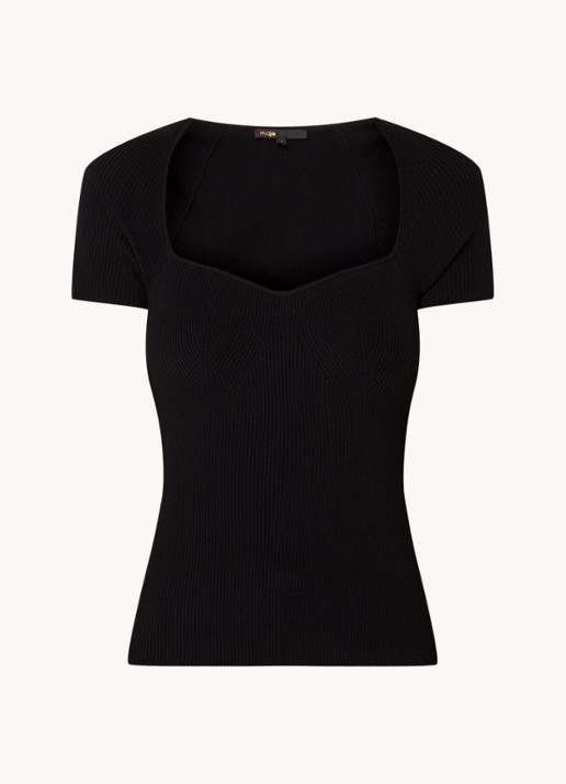 Maje Ribgebreide top met stretch - voorkant zwart