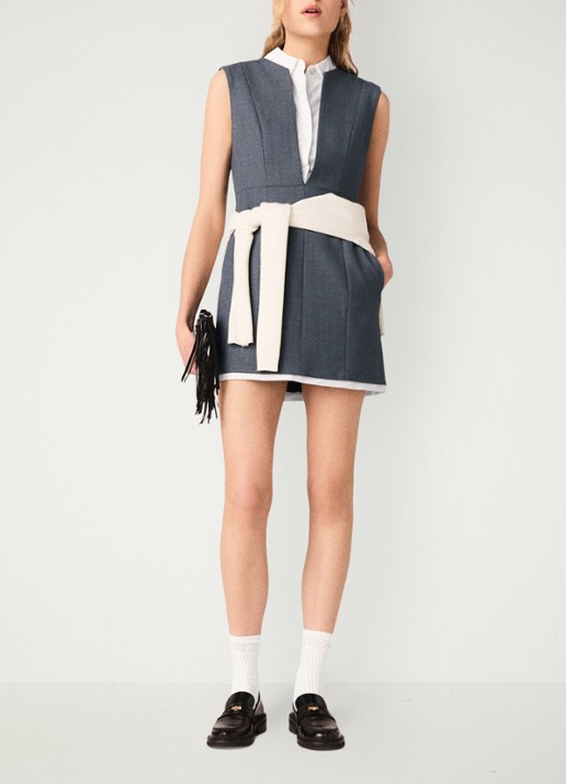 Maje Rigrey mini jurk in wolblend met afneembare kraag - voorkant 3 grijs