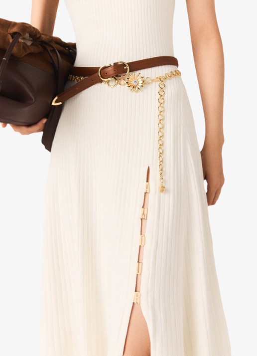 Maje Rimora ribgebreide midi jurk met split - detail 3 beige