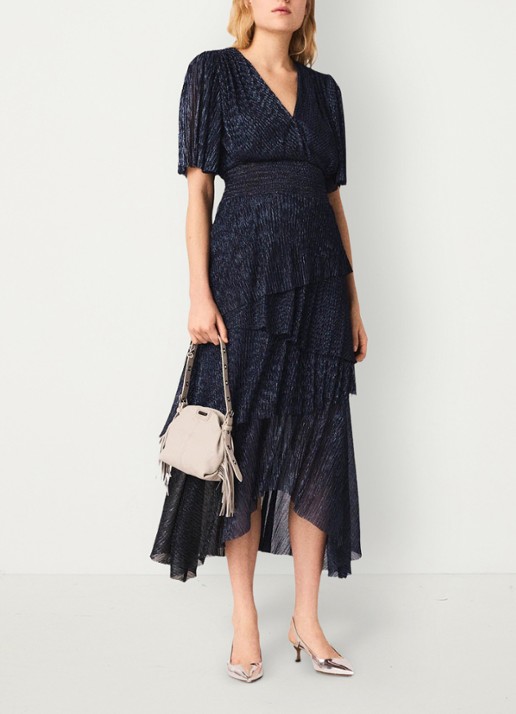 Maje Ruffiba midi jurk met volant - voorkant 2 donkerblauw