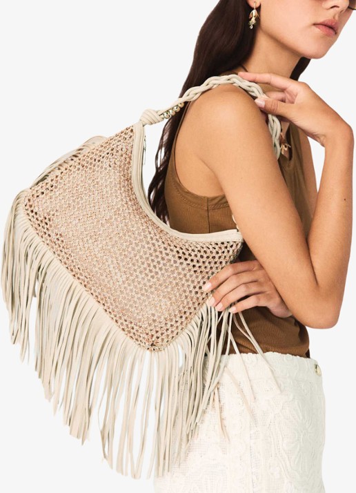 Maje Schoudertas met franjes - detail 2 beige