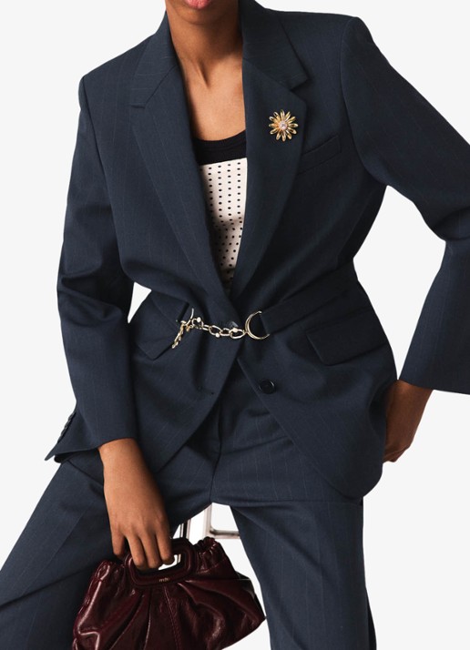 Maje Single-breasted blazer in wolblend met streepprint en klepzakken - detail 8 donkerblauw