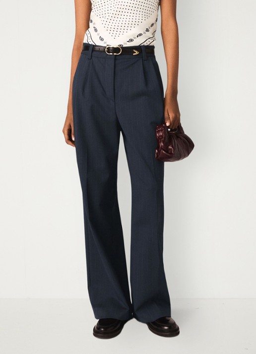 Maje Wide fit pantalon in wolblend met krijtstreep - detail 4 donkerblauw