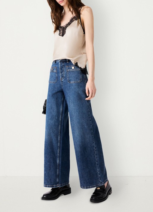 Maje Wide leg jeans met opgestikte zakken - detail 5 donkerblauw