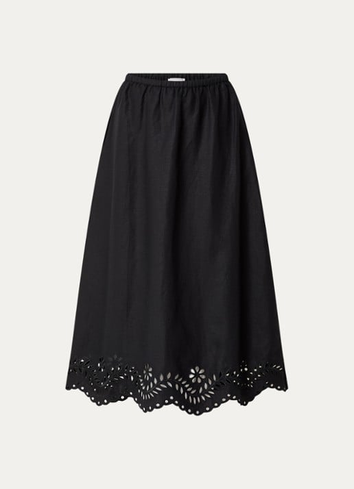 Malina Chara midi rok in linnenblend met broderie - voorkant zwart