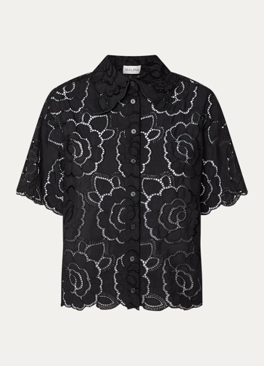 Malina Claudia blouse met broderie - voorkant 2 zwart