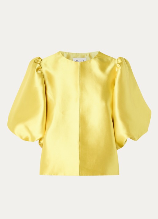 Malina Cleo blouse van satijn met pofmouw - voorkant citroengeel