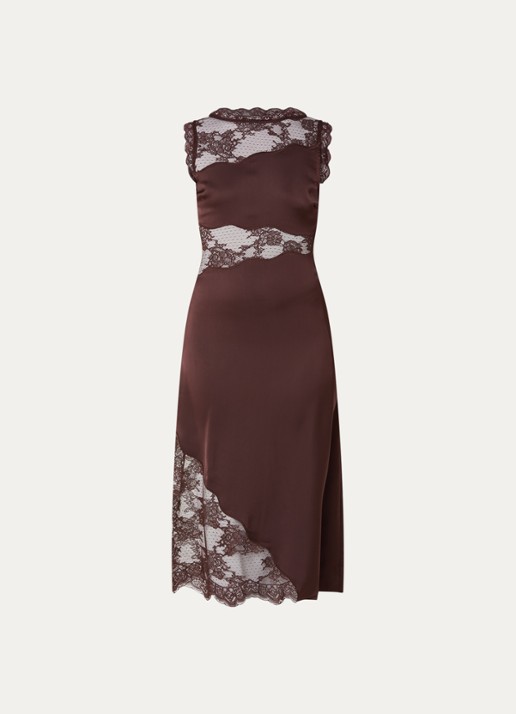 Malina Desire midi jurk van satijn met details van kant - voorkant 2 bruin