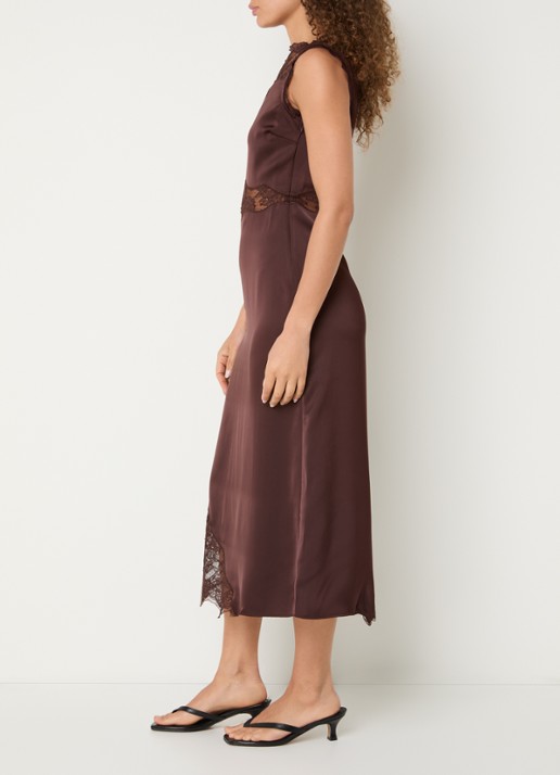 Malina Desire midi jurk van satijn met details van kant - voorkant 3 bruin