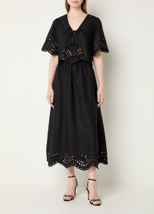Malina Estela blouse met broderie en gestrikt detail - voorkant 4 zwart