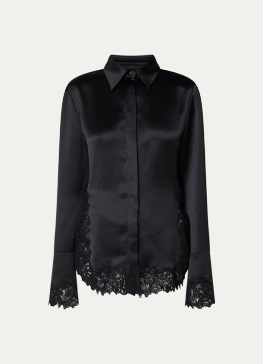 Malina Malou blouse van satijn met details van kant - voorkant 3 zwart