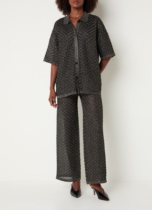 Malina Moa oversized blouse met lurex en structuur - voorkant 2 zwart